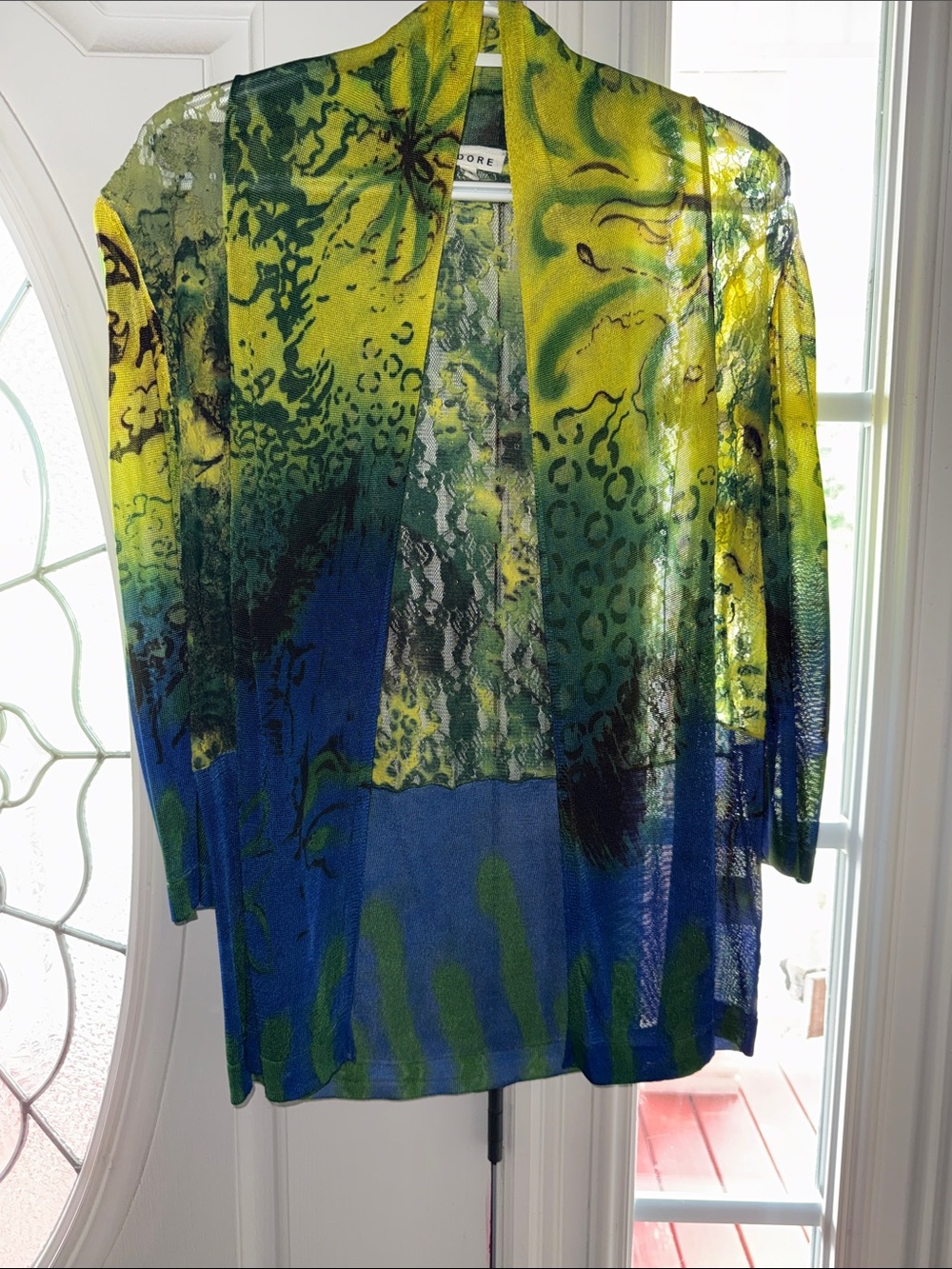 Adore Sheer Mixed-Print Open Cardigan in Yellow, Green & Blue